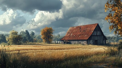 Fototapeta premium A barn in a hayfield farm in the countryside with cloudy sky