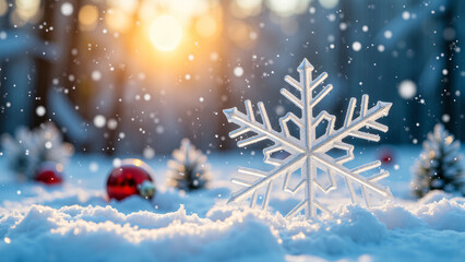 Crystal Clear Snowflake on Snowy Ground with Christmas Decorations in the Background under Sunlight