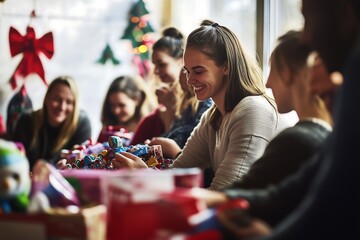 Fototapeta premium Joyful Christmas Crafts: A group of diverse individuals engages in festive Christmas crafting, sharing smiles and laughter as they create holiday decorations.