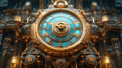 Fototapeta premium Ornate steampunk clock, gold, blue, intricate details.