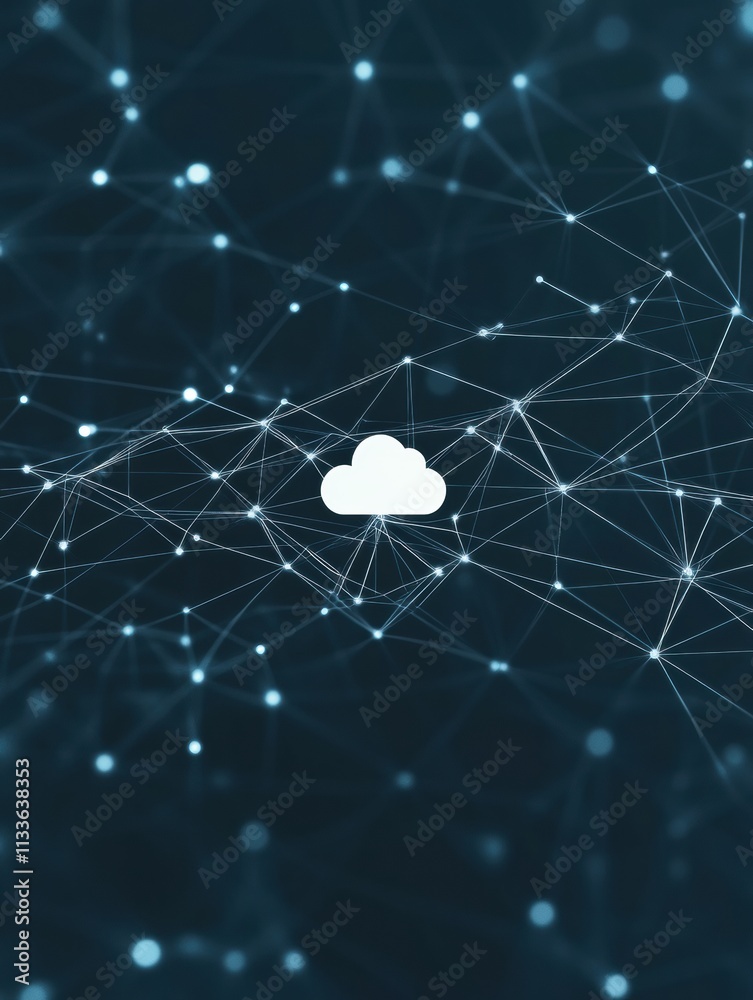 Leinwandbilder A simple cloud icon is centered in a digital network, illustrating cloud services with space for customizable text for various applications. Generative AI