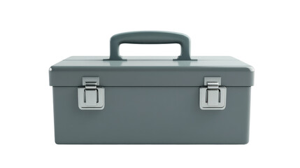 A gray metal toolbox with a handle and two latches, designed for storing tools and equipment securely.