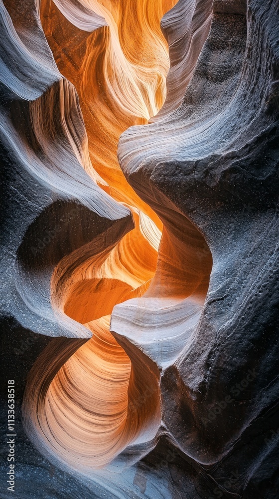 Poster Intricate layers of rock create mesmerizing curves illuminated by golden light in the stunning depths of Mocha Mousse Canyon. The play of shadows enhances the canyon's enchanting beauty