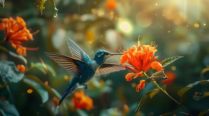 A vibrant hummingbird with blue and green plumage hovers in mid-air, its long beak extended towards a cluster of orange flowers, surrounded by a bokeh of green foliage and warm sunlight.