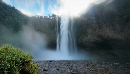 Majestic waterfall cascading down a lush green cliff face, ethereal mist shrouding its base.