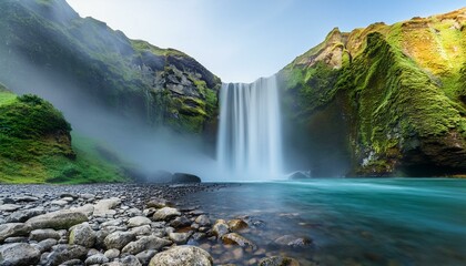 Obraz premium Majestic waterfall cascading down moss-covered cliffs.