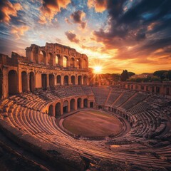 Ancient Roman Amphitheatre at Sunset: A majestic Roman Amphitheatre, bathed in the golden glow of a breathtaking sunset, evokes a sense of history and grandeur.