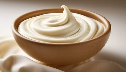 Creamy swirls of mayonnaise in a wooden bowl.