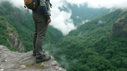 A person in hiking gear standing at the edge of a cliff, overlooking a lush green forest valley with mist rising from below. Ultra-detailed textures on the gear and terrain
