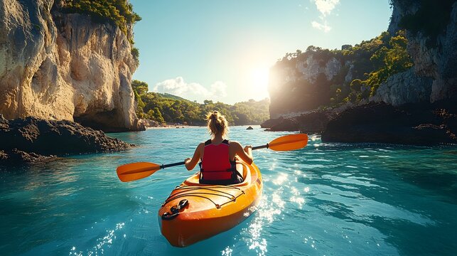 A woman is actively paddling a bright kayak on a serene lake