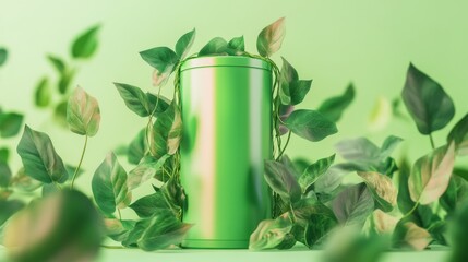 70.Glossy 3D full battery symbol in bright green, accented with realistic green leaves growing from the sides, representing renewable energy and environmental health, on a clean background.