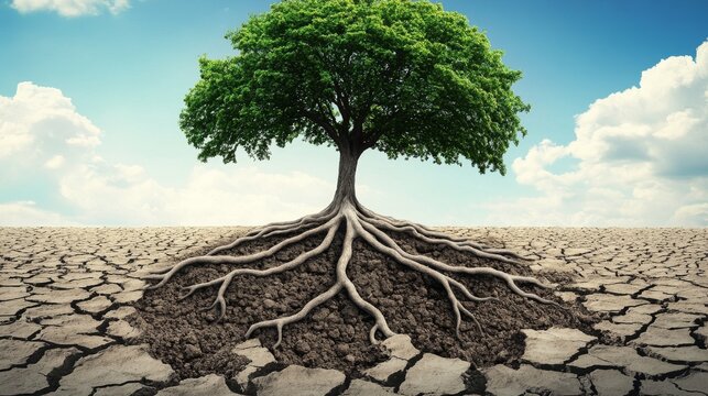 119.Tree illustration with deep roots stretching into the ground, overcoming dry, cracked soil, highlighting resilience and renewal for World Environment Day, with #GenerationRestoration as a theme.