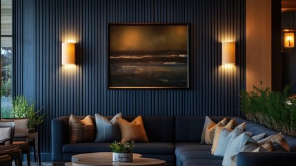 Modern navy blue living room with sectional sofa, artwork, and wall sconces.