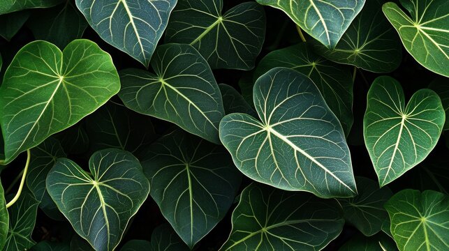 110.Close-up of lush, dark green leaves with intricate veins, layered densely to create a natural, vibrant garden texture, perfect for background or environmental themes.