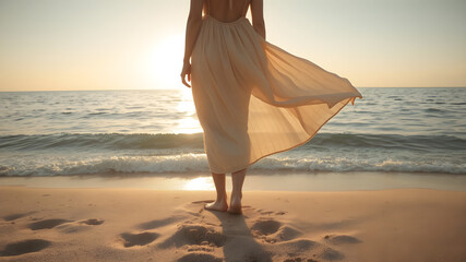 A woman in a flowing dress standing barefoot on a beach, facing a calm ocean during sunrise. Detailed sand textures and gentle lighting reflecting on the water