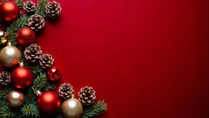 Festive Happy New Year Card/Banner with Decorative Christmas Balls and Pine Cones on a Dark red Background