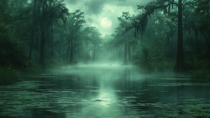 Fototapeta premium Misty swamp river, moonlit, figures in canoe.