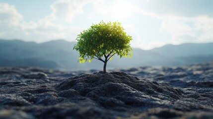 117.Conceptual scene with a tree emerging from barren, dry soil, representing efforts in drought resilience and restoration, for World Environment Day 2024, with the hashtag #GenerationRestoration.