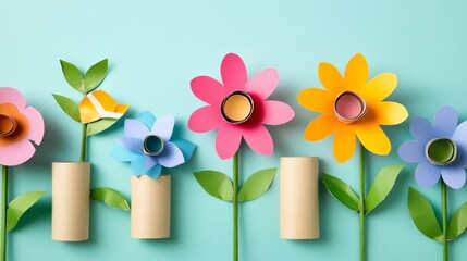105.Collection of vibrant flower crafts created from toilet paper rolls, painted in bright colors, with green paper leaves, arranged in a playful scene for children&acirc;&euro;&trade;s springtime DIY.