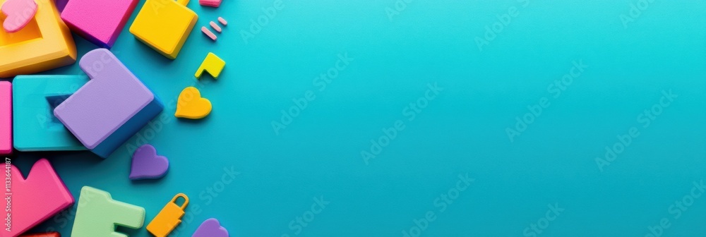 Poster colorful hashtag and like icons are playfully arranged on a bright background, promoting a sense of 