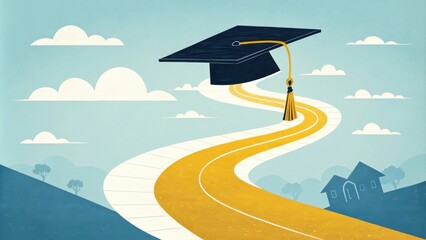 Graduation cap floating above a winding road leading towards a future home and career path, symbolizing the journey to success after graduation