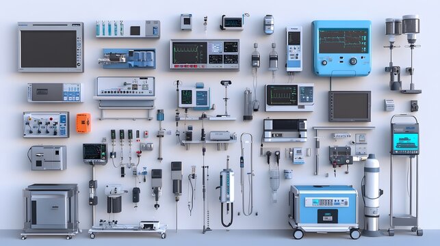A wall filled with various medical devices and equipment, including monitors, pumps, and other apparatus.