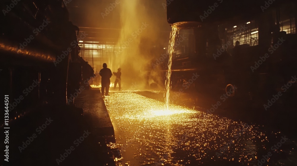 Poster molten metal flows into molds, igniting flames and sparks within the dimly lit industrial hall fille