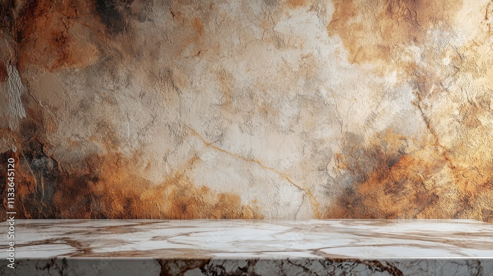 Poster An empty marble table invites creativity with its smooth surface and warm mocha hues, set against an artistic backdrop of textured tones. Ideal for staging unique arrangements, Mocha Mousse