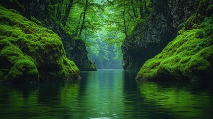 Fototapeta premium Serene green canyon, moss-covered rocks, calm water.