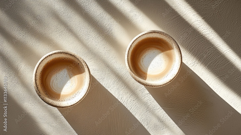 Poster soft rays of morning light illuminate two warm cups of coffee placed on a textured surface. the shad
