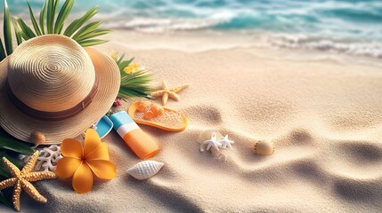 A hat, sunscreen, seashells, flowers, and starfish are on beach