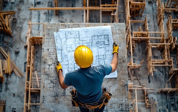 Construction worker building house from blueprints, detailed architectural plans, construction project in progress, hard hats, worksite environment