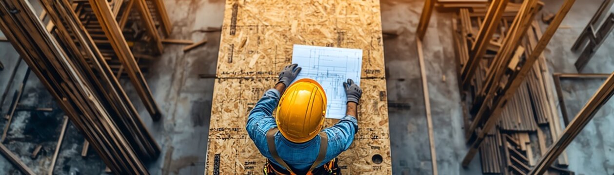 Construction worker on site, house building from blueprints, construction project progress, professional construction plans and tools