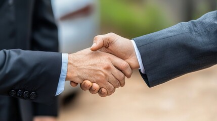 Two business professionals engage in a handshake outdoors during a meeting in a sunny urban environment
