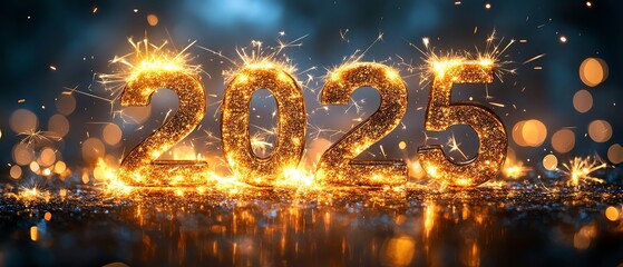 Happy New Year 2025 with golden sparkler numbers and fireworks, glowing sparkling background, creative holiday billboard with festive text