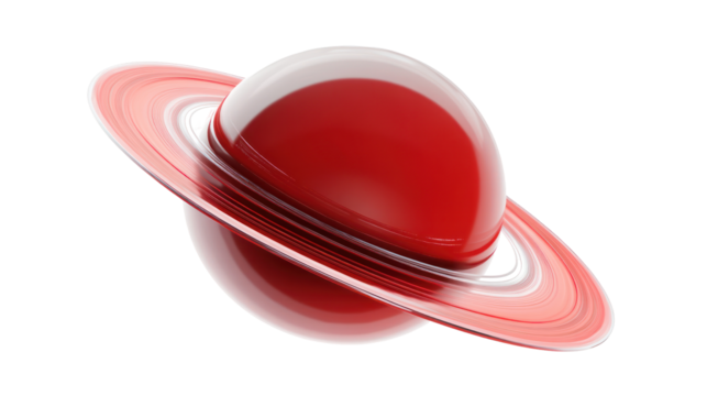 A stylized representation of a red planet resembling Saturn, featuring rings and a glossy surface. - Powered by Adobe