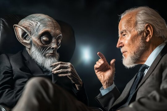 Discussion between an alien and a wise old man in a futuristic setting at night