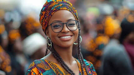 Fototapeta premium Smiling woman in colorful African cultural clothing. Large crowd of people around. Big march for Black Awareness Day. Woman central figure in diverse group. Event active, cheerful. Cultural