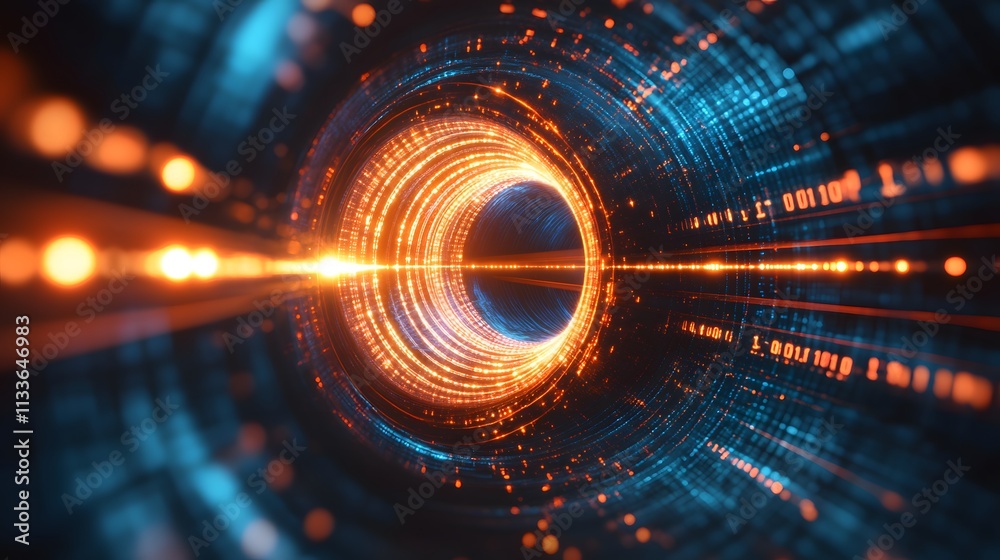 Aufkleber abstract digital tunnel with glowing lines and binary code.