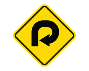 Very Sharp Curve Ahead Warning Sign Featuring a Yellow Diamond Shape with Black Arrow, Indicating an Upcoming Very Sharp Curve, Available as a Vector File
