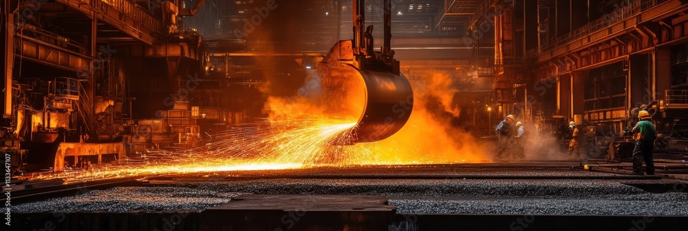 Poster molten metal flows into molds, creating fiery sparks and flames in a busy industrial hall, showcasin