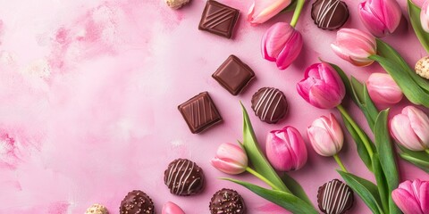 Celebrate Mother's Day with a lovely background of pink tulips and chocolates for a sweet touch