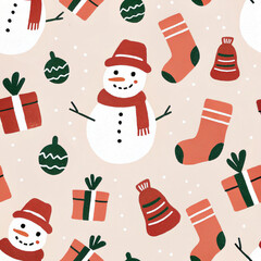 Seamless pattern with snowman, Christmas toys and gifts. Hand-drawn, minimalist style illustration on a light background. Perfect for holiday designs and seasonal projects.