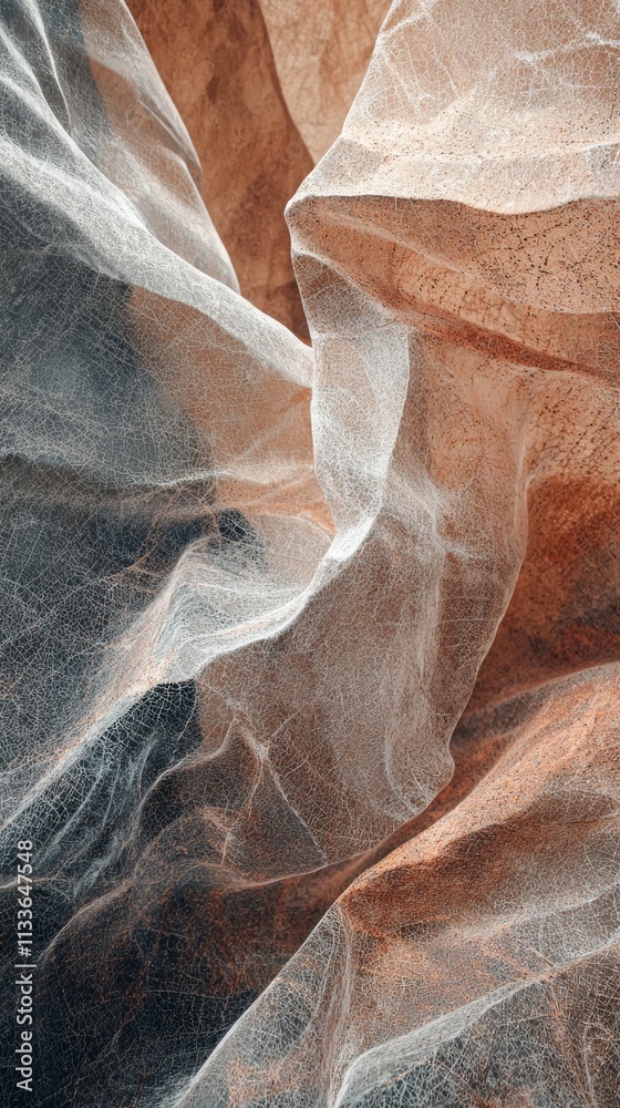 Poster Intricate layers and textures emerge from the Mocha Mousse rock formations, showcasing a mesmerizing dance of light and shadow in a serene desert setting, evoking a sense of wonder and exploration