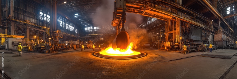 Poster molten metal is being poured into large casting molds, creating bright flames and sparks in a busy i