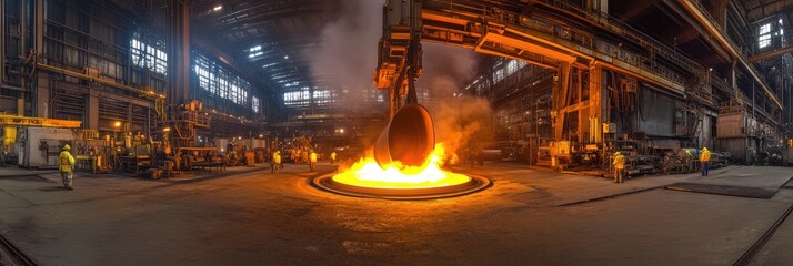 Molten metal is being poured into large casting molds, creating bright flames and sparks in a busy industrial hall filled with workers. Generative AI