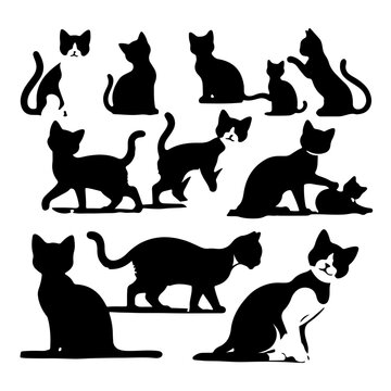 Vector illustration of cat silhouettes playing and posing