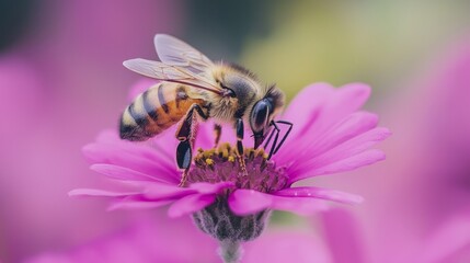 Honey bee collecting nectar from a vibrant pink flower in a sunny garden during springtime