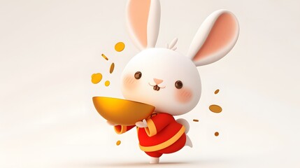 Cute Cartoon Rabbit Holding Bowl with Cheerful Expression