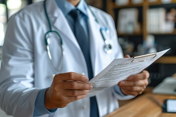Doctor writing on paper with pen in medical office